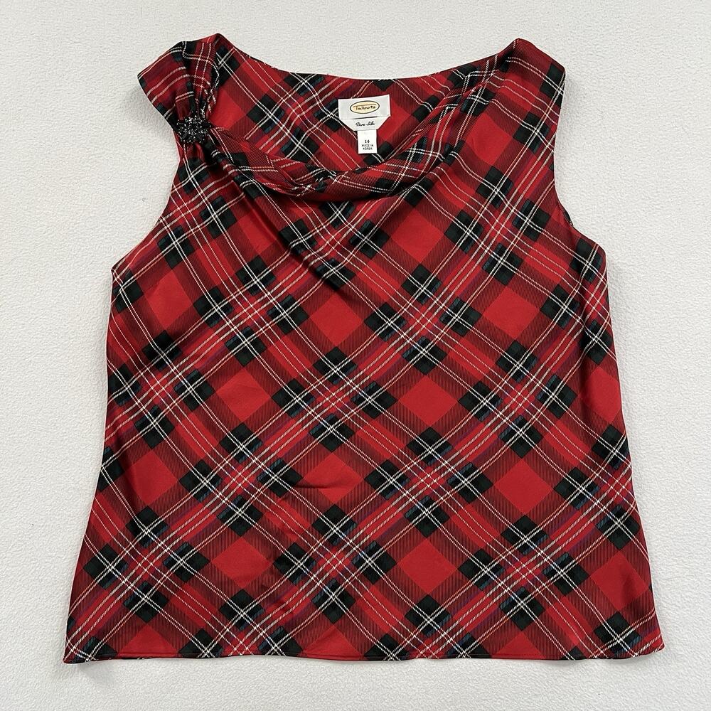Vtg Talbots Pure Silk Red Tartan Plaid Sleeveless Blouse Tank Top Cowl Ruched 14